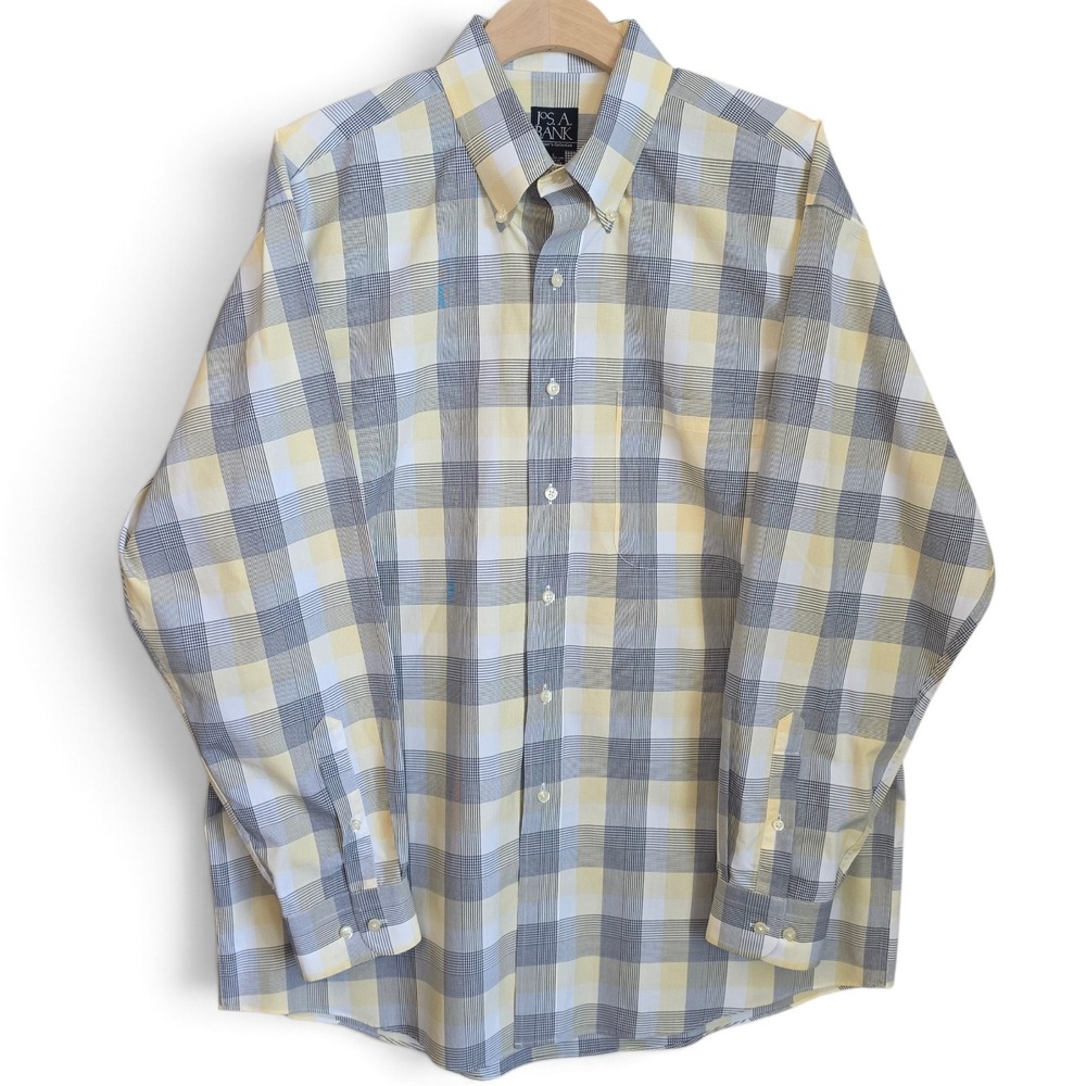 Jos A Bank Traveler Shirt Mens Large Yellow Gray Plaid Button Down 100% Cotton